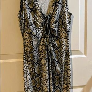 Sleeveless V-Neck Midi Dress in Black and Cream Snake Print